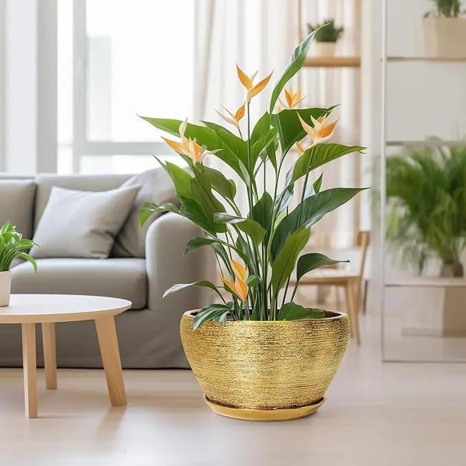 Ceramic Planter 13 Inch - Indoor Plant Pot with Drainage Hole and Saucer Large Ceramic Pot for Plants Mid-Century Decorative Modern Outdoor Flower Pot for Home Decor Gold by GreenHaven Gardens