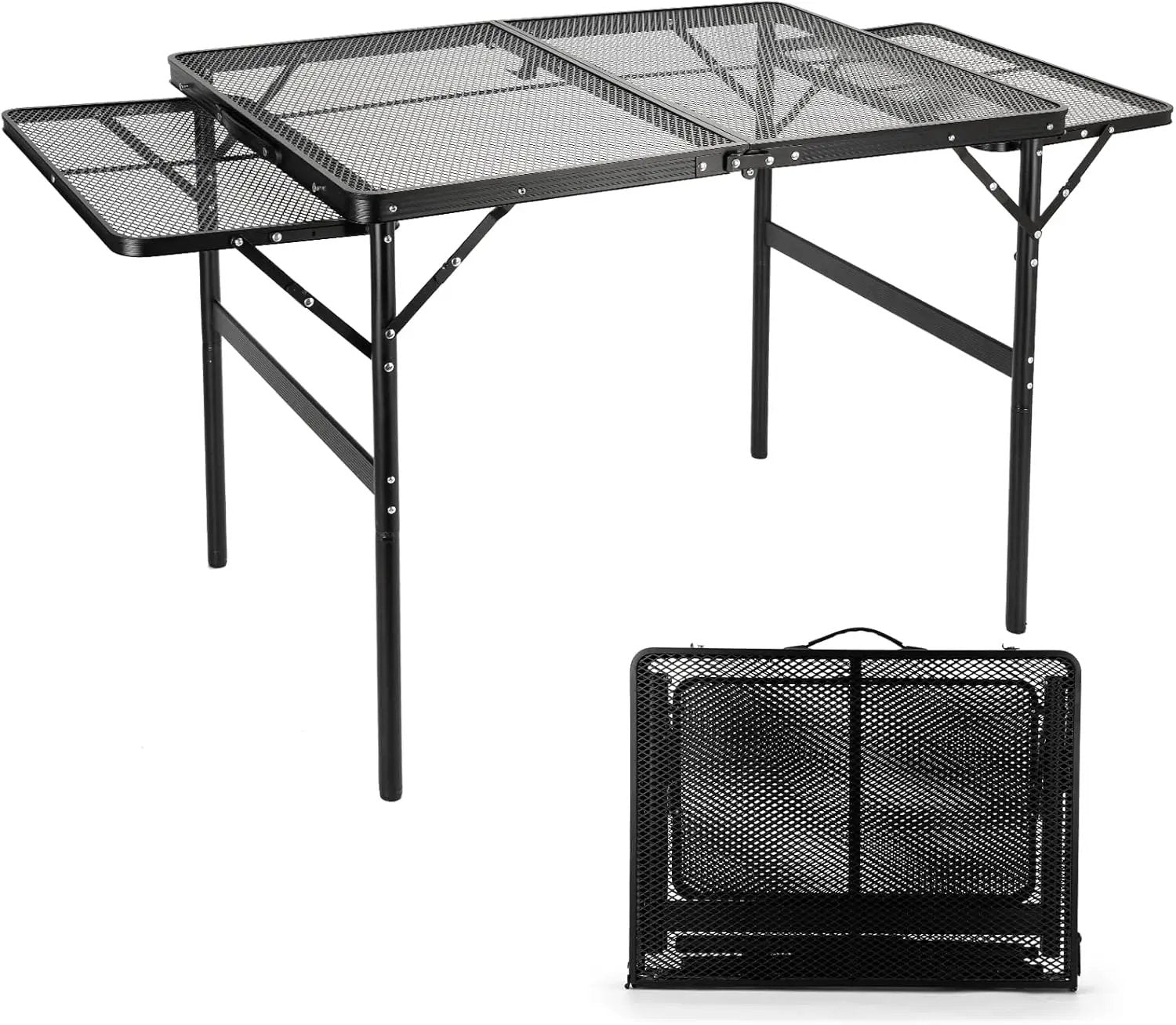 Grill Table Folding Table with 2 Wing Panels 3FT+1.4 FT with Mesh Desktop 2 Height Adjustable Portable Grill for Outdoor Indoor Beach BBQ Picnic Travel RV Black by GreenHaven Gardens