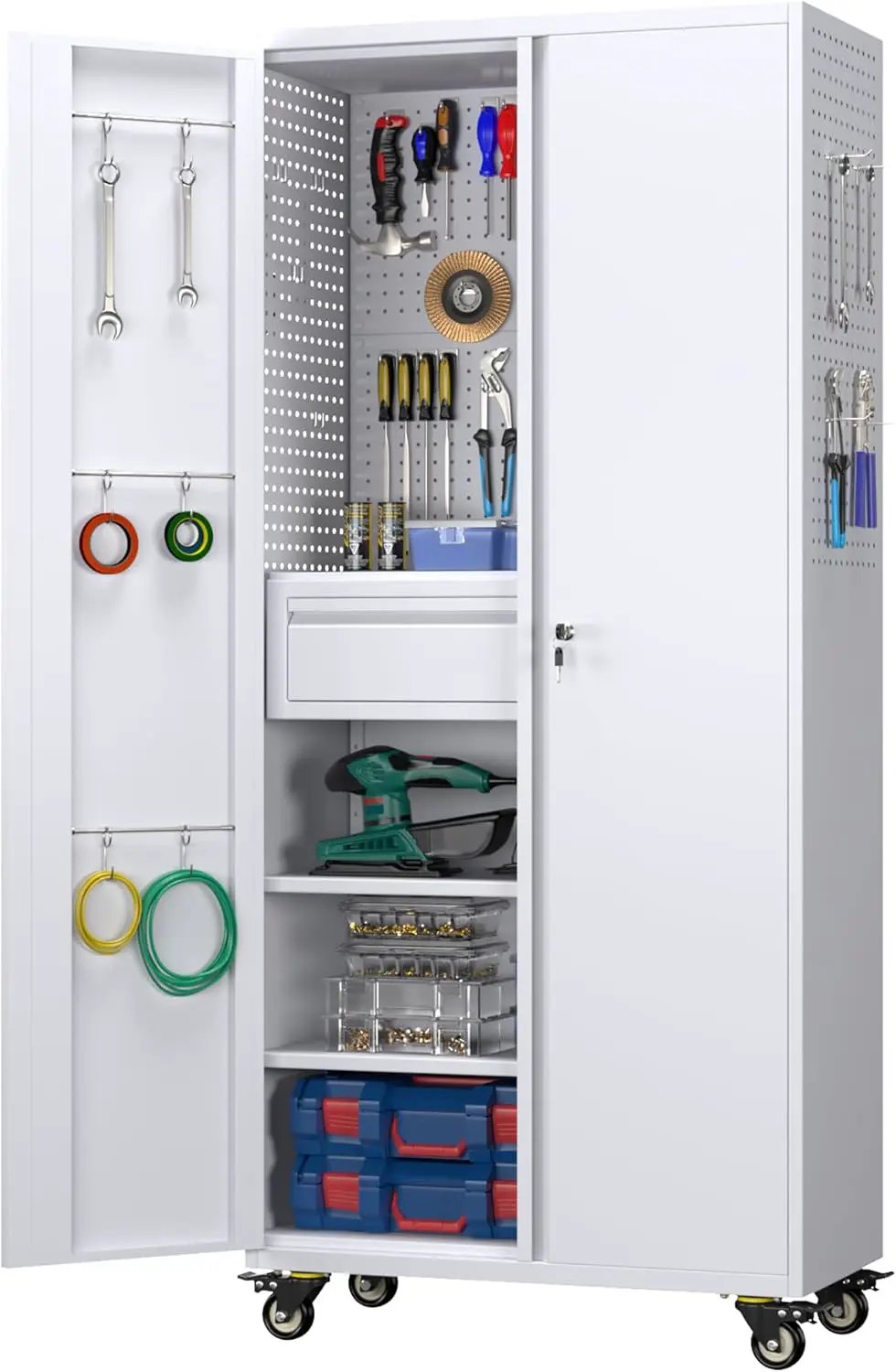 Aobabo Metal Storage Cabinet with Wheels and 1 Interior Drawer, Steel Rolling Tool Cabinet with 16 Hooks and 2 Adjustable Shelves for Garage, Home, Office, Kitchen Assembly Required, White by GreenHaven Gardens