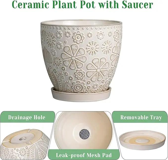 10 Inch Ceramic Planter Pot Large Plant Pot for Indoor Plants Outdoor Round Flower Pot with Drainage Hole and Saucer for Home Garden Decor White by GreenHaven Gardens
