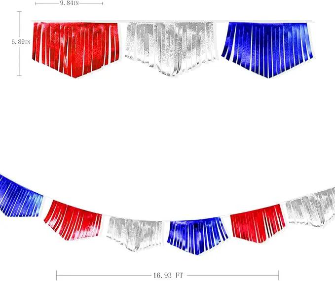 Blue Red Silver Tassel Banner Metallic Fabric Pennant Bunting Flag for 4th of July American USA National Day Patriotic Veterans Graduation Wedding Birthday Retirement Nautical Party Decorations by GreenHaven Gardens