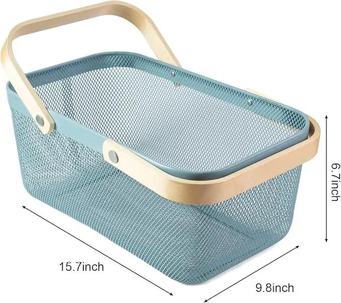 Portable Garden Harvest Basket-Mesh Design Natural Bamboo Handle Wire Storage Baskets,Mesh Basket with Handle Organize Items Reduce Space Occupation,Suitable for Kitchen,Garden,Picnic(Blue) by GreenHaven Gardens