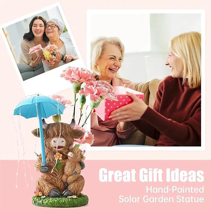 Solar Garden Statues Resin Loving Highland Cow Umbrella Lights Outdoor Decor Gifts for Yard, Patio Decorations by GreenHaven Gardens