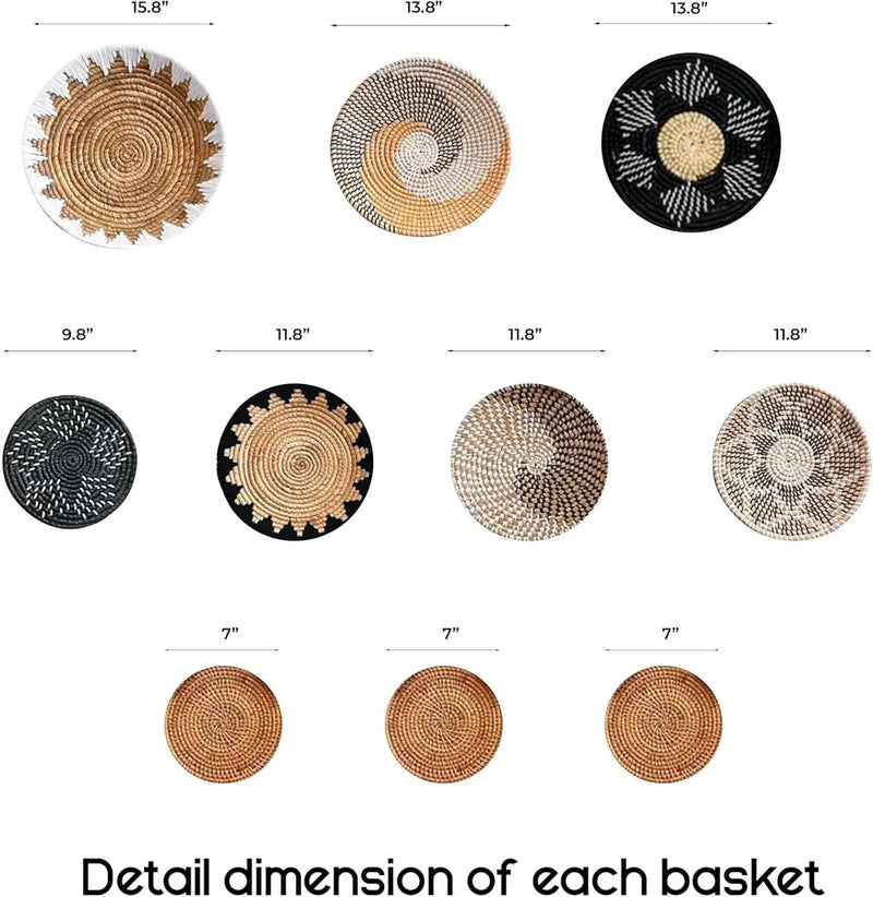 Set of 10 Handcrafted Boho Wall Basket Decor, Wall Hanging Baskets, Decorative Plates for Wall, Handmade from Vietnam Unique Wicker Wall Art Decor by GreenHaven Gardens