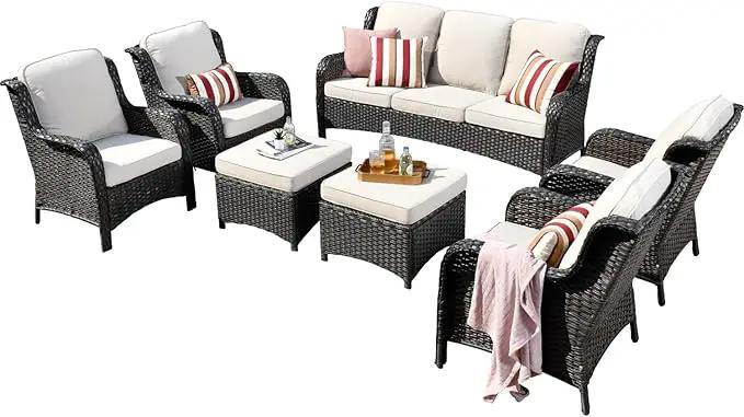 ovios 7 Pieces Patio Furniture Set, Outdoor Wicker Sofas with 4 Chairs, Ottomans and Comfy Cushions, All Weather High Back Couch Set for Deck Porch, Brown Rattan, Beige by GreenHaven Gardens