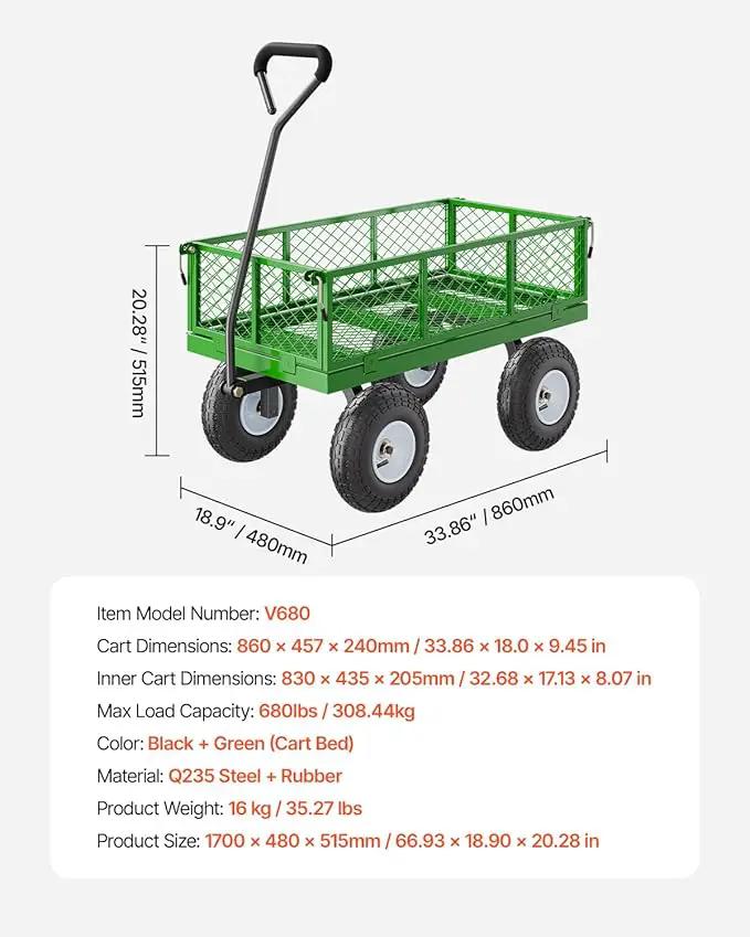 VEVOR 680 Lbs Steel Garden Cart on Wheels, Heavy Duty Garden Wagon Cart Pullable, Metal Outdoor Utility Yard Wagon Carts with 10" Tires, Mesh Removable Sides and 180°Rotating Handle by GreenHaven Gardens