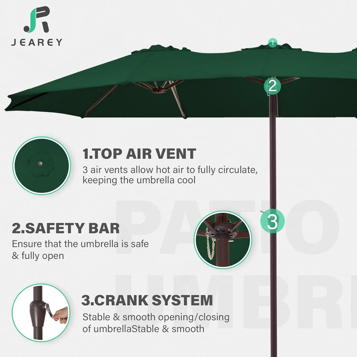 JEAREY 15FT Patio Umbrella Large Outdoor Umbrella Extra Double-Sided Market Umbrella with Crank Handle for Garden, Deck, Backyard and Pool, Dark Green by GreenHaven Gardens