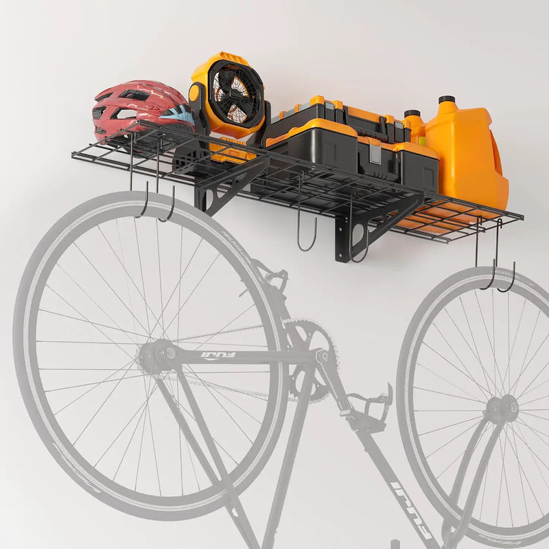1x4 ft Garage Shelving with 6 Bike Hooks, 1-Pack Wall-Mounted Shelve for Garage, Kitchen, Pantry Storage, 150 lbs Total Load Capacity Wall Shelving, Black by GreenHaven Gardens