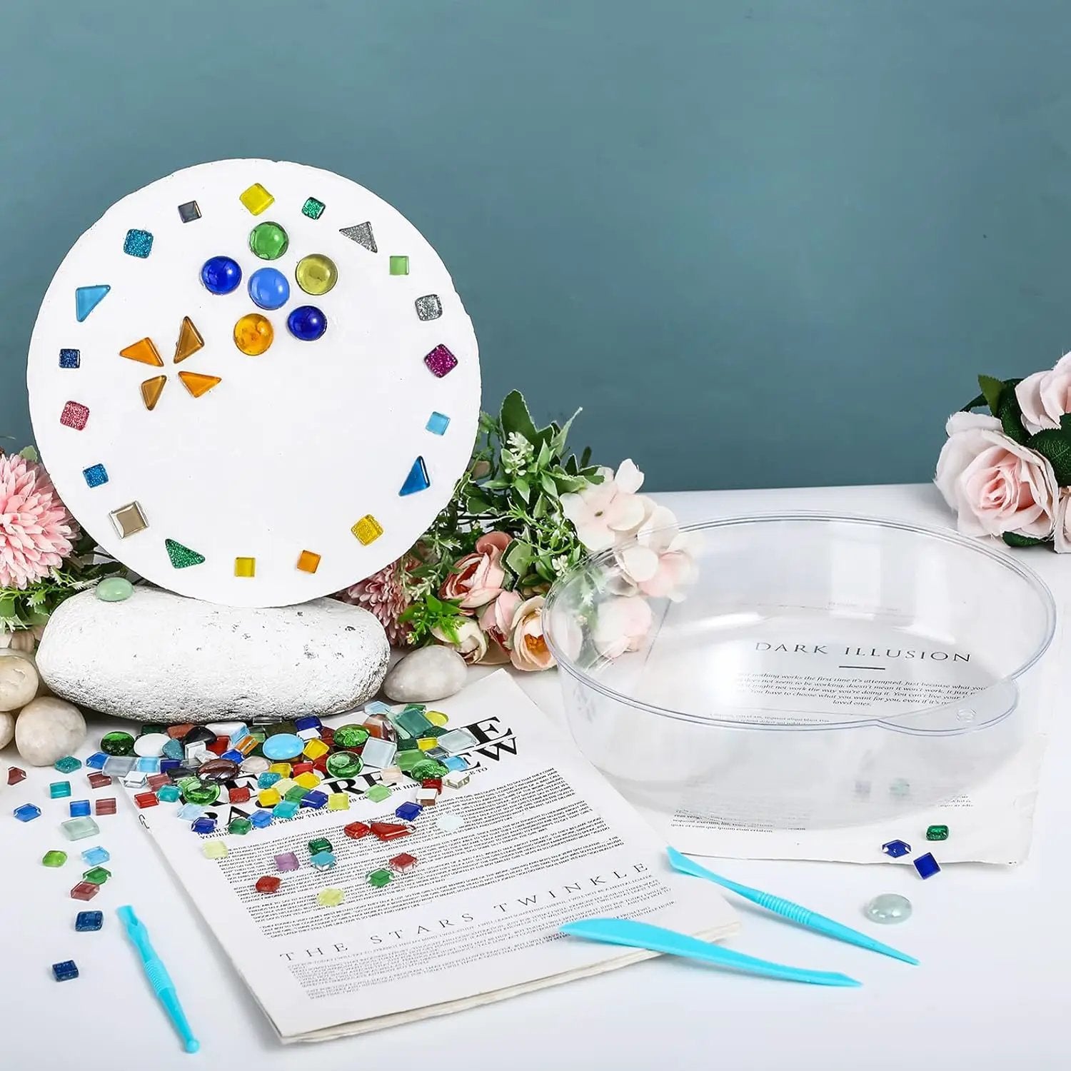 24 Pcs Stepping Stone Kit Includes Round Concrete Mold, Mosaic Tiles and Carving Tools, DIY Craft Handmade Stepping Stone Kit for Kids, Family, Garden Outdoor Decor (No Concrete Mix) by GreenHaven Gardens