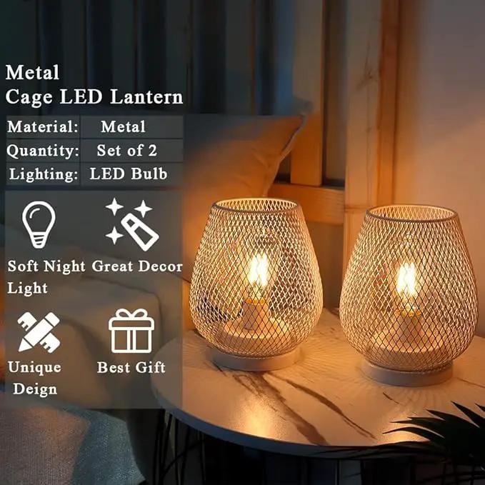 JHY DESIGN Set of 2 Metal Cage LED Lanterns Battery Powered Cordless Accent Light with LED Great for Weddings Parties Patio Events for Indoors Outdoors(White) by GreenHaven Gardens