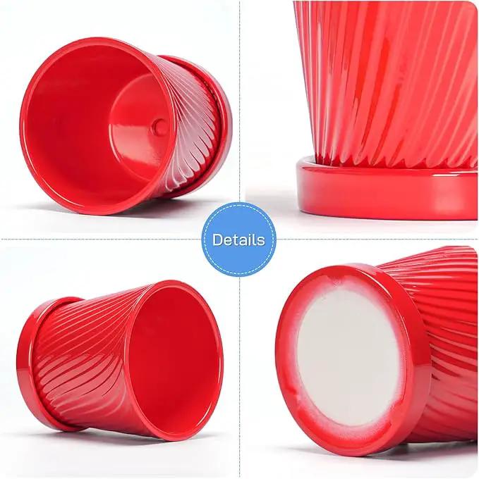 Ton Sin Plant Pots, 6 Inch Flower Pots for Plants,Ceramic Planter with Drainage Holes,Indoor Planter Pots with Saucer,Outdoor Garden Pots (Red, 4 Pack) by GreenHaven Gardens