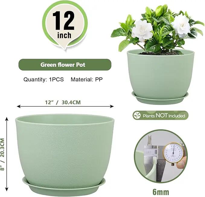 12 inch Big Plant Pots, Plastic Planters with Drainage Holes and Trays, Flower Pots for Indoor Outdoor Plants, Modern Decorative Pots for Garden House Plants, Green by GreenHaven Gardens