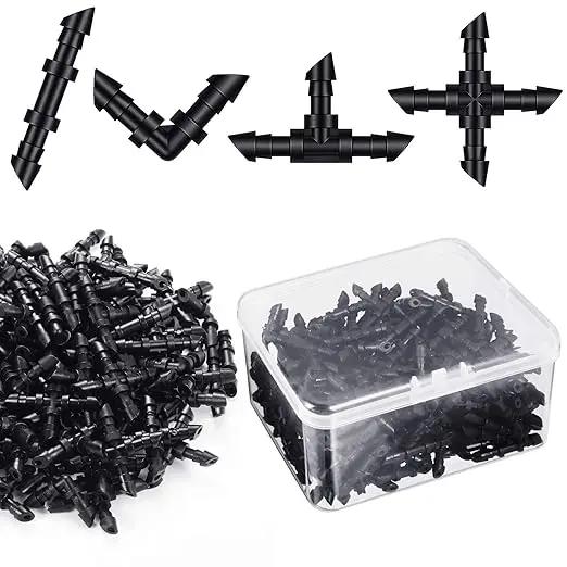 200 Pieces Drip Irrigation Fittings Kit for 1/4 Inch Tubing, 50 Straight Barbs, 50 Tees, 50 Elbows, 50 4-Way Couplings, Barbed Connectors with Plastic Box for Garden Lawn Drip, Sprinkler Systems,Black by GreenHaven Gardens