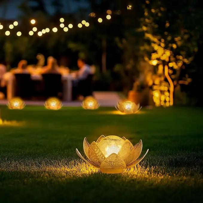 Solar Lights Outdoor Waterproof Lotus Flower Metal Yard Art Decoration Crackle Globe Glass Solar Lamp Garden Decor for Outside, Flowerbed Lawn Patio Porch Pathway Pond Decorations by GreenHaven Gardens