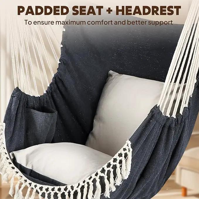 Chihee Hammock Chair Hanging Swing 2 Pillows Included,Strong Webbing Straps and Hooks for Easy Hanging Soft Cotton Hanging Chair Side Pocket Tassel Chair Comfort Indoor Outdoor Dark Grey by GreenHaven Gardens