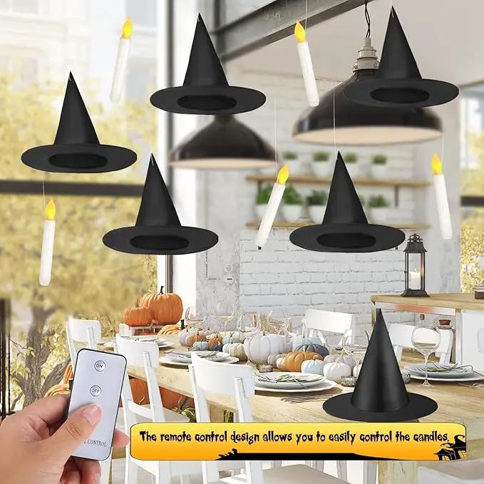 80 Pcs Halloween Hanging Witch Hats and Taper Floating Candles Set Includes 12 Witch Hats 12 LED Floating Candles Lights 56 3D Bats Wall Stickers for Halloween Decoration Front Porch Yard Decor by GreenHaven Gardens