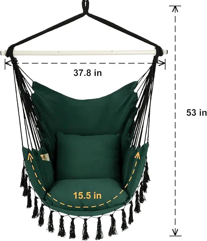 Y- STOP Hammock Chair Hanging Rope Swing, Max 500 Lbs, 2 Cushions Included, Large Macrame Hanging Chair with Pocket for Superior Comfort, with Hardware Kit, Green by GreenHaven Gardens