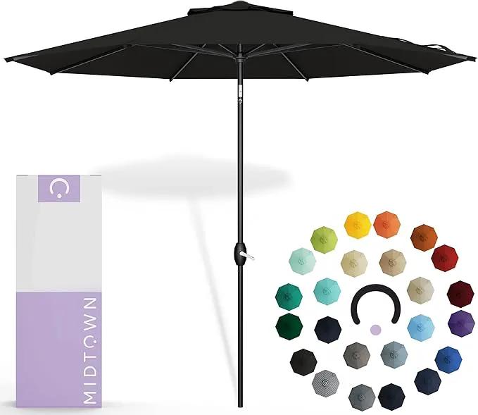 Midtown Umbrellas Sunbrella Umbrella 10 Feet Large Outdoor Umbrella With Sunbrella Black Acrylic Fabric - Auto-Tilt Aluminum Frame Large Patio Umbrella For Backyard, Deck, Garden, Pool - Black Pole by GreenHaven Gardens