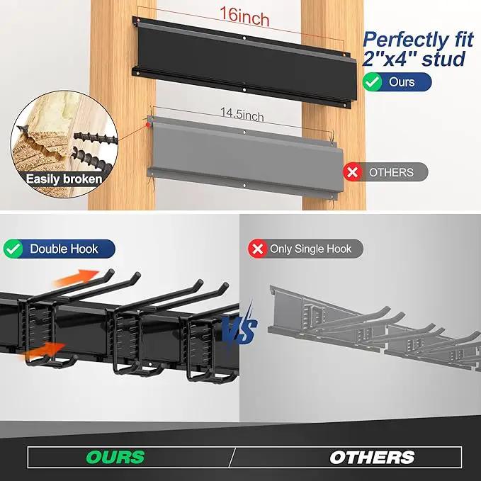 Storaboks Heavy Duty Garage Storage Rack System, Wall Mounted Tool Organizer with 8 Double Hooks, 3 Rails, Garden Yard Tools Hanger for Ski Gears, Broom, Rake, Shovel by GreenHaven Gardens