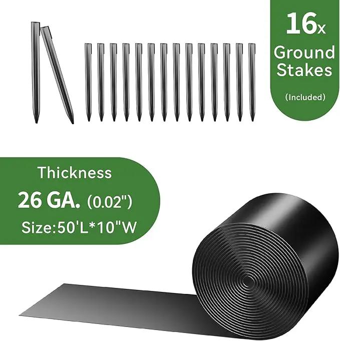 Worth Galvanized Steel Landscape Edging 10" x50' Metal Garden Edging Roll Flexible Bender Border with 16Pcs Stakes for Lawn, Flower Bed Edges, Black by GreenHaven Gardens