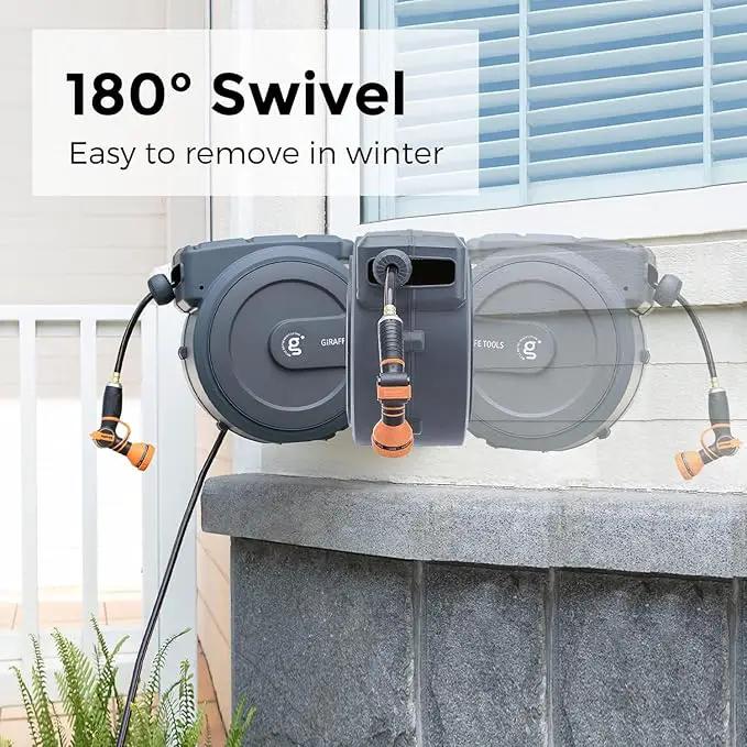 Giraffe Tools Retractable Garden Hose Reel 5/8 inch x 90 ft Hose Reels for Outside, Wall Mounted Water Hose Reel with 180 Deg Swivel Bracket, Any Length Lock, 9 Pattern Hose Nozzle by GreenHaven Gardens