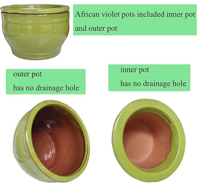 African Violet Pots Self Watering Round Ceramic Violet Pot (Green, 6 inch) by GreenHaven Gardens