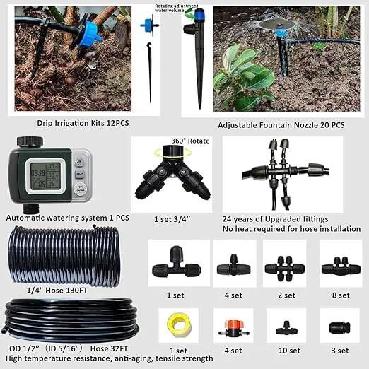 Drip Irrigation System with Water Timer 162ft Drip Irrigation Kit 5/16“ID and 1/4 Inch Pipe Auto Watering System for Garden Adjustable Spray, for Greenhouse, Garden, Lawn, Potted Plants Black by GreenHaven Gardens
