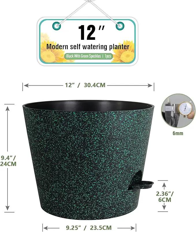 12 inch Large Self Watering Pots for Indoor Outdoor Plants, Flower Plant Pots with Mesh Drainage Holes for Garden, Plastic Planters with Reservoir for Home Plants, Black with Green Speckles by GreenHaven Gardens