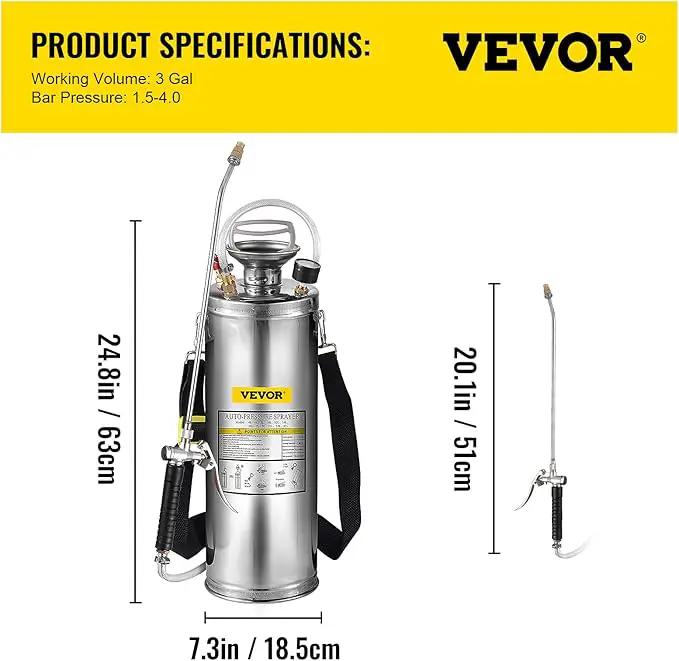 Happybuy 3 Gallon Stainless Steel Sprayer, 20" Wand & 3FT Reinforced Hose, Hand Pump Sprayer with Pressure Gauge, Safety Valve & Adjustable Nozzle, Weed Sprayers for Lawn, Gardening & Sanitizing by GreenHaven Gardens