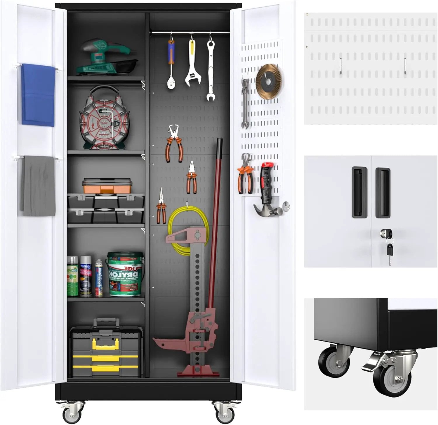 Broom Closet Storage Cabinet with Hanging Rod, 71" H Metal Garage Storage Cabinet with Wheels and 4 Adjustable Shelves, Locking Broom Closet with 13 Hooks for Garage, Bathroom, Home by GreenHaven Gardens