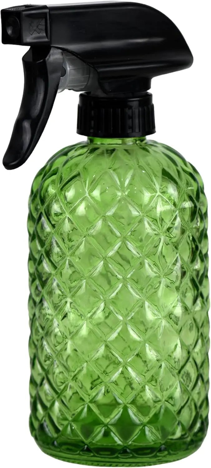 12Oz Glass Plant Spray Bottle, Gem Pattern Glass Sprayer, Watering Can with Black Plastic Top Pump, Handheld Watering Can for Indoor Outdoor Potted Plants and Greenery (Green) by GreenHaven Gardens