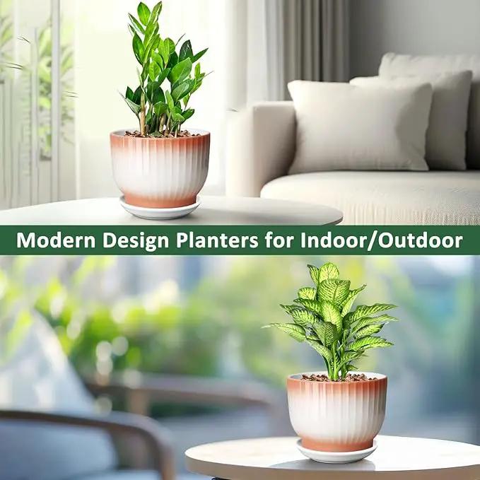 8 Inch Plant Pot, Ceramic Planter with Drainage and Saucer, Ceramic Pots for Plants, Indoor Plant pots,Ceramic Flower pots(Orange+ White, Plants NOT Included) by GreenHaven Gardens