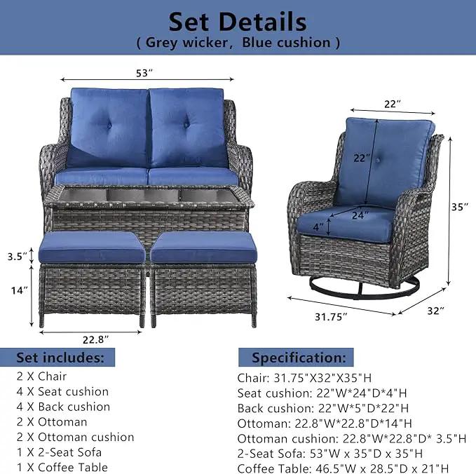 Wicker Outdoor Furniture Patio Furniture Set - 6 Piece Patio Conversation Set with Swivel Rocker Chairs, Loveseat Sofa, Ottomans and Coffee Table, Blue Cushion by GreenHaven Gardens