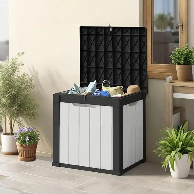 50 Gallon Storage Box, Waterproof Deck Box for Indoor & Outdoor Use, Lockable Pool Storage Bin for Package Delivery, Outdoor Bench for Patio Cushions, Garden Tools, Backyard, Black & White by GreenHaven Gardens