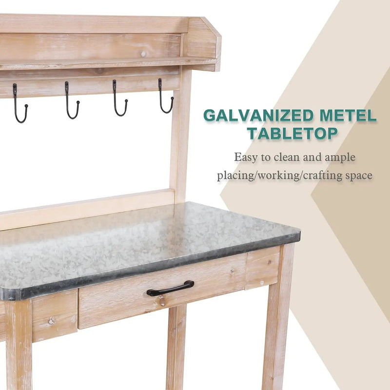Outdoor Potting Bench Table with Metal Tabletop, Planting Table Potting Work Station with Storage Drawer and Removable Shelf Rack, Garden Potting Table for Outdoors by GreenHaven Gardens