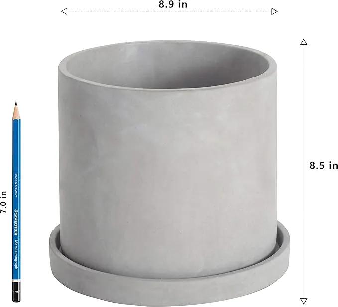Ekirlin 9 Inch Flower Plant Pot Indoor - Grey Cement Garden Planter Concrete Planter with Drain Hole Saucer, Modern Succulents Containers for Home Decor, Office & Outdoor by GreenHaven Gardens