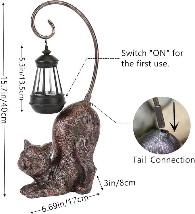Laughing Cat Figurine with Solar-Powered LED Light, 15.7 Inches Tall Antique Bronze, Perfect for Gift Garden Decor or Housewarming for Cat Lovers. by GreenHaven Gardens