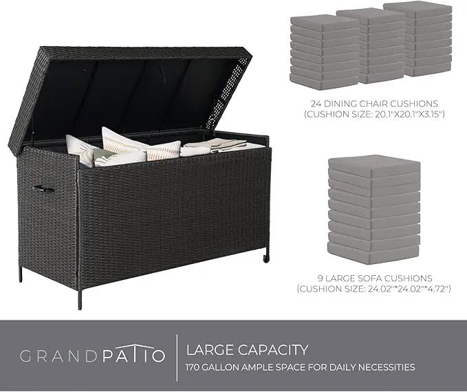 Grand patio 170 Gallon Storage Box, Dark Brown PE Wicker, Minimalist Style, Water Resistant, Flip Top, Smooth Wheels, for Patio Furniture Cushions, Garden Tools, Pool Accessories by GreenHaven Gardens