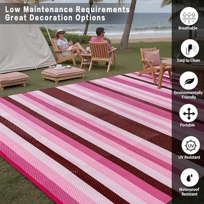 Outdoor Waterproof Rug 8'x10' Plastic Straw Rugs Washable Reversible Floor Mat Pink Stripe Carpet for Camping RV Deck Entryance Porch Picnic Balcony Beach Backyard by GreenHaven Gardens