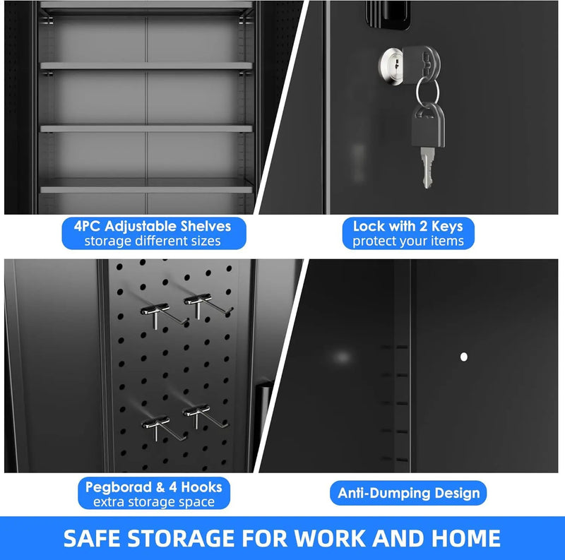 Metal Storage Cabinet with Wheels, Pegboard and 4 Hooks, 73" H Garage Storage Cabinet with 4 Adjustable Shelves and 2 Lockable Doors for Garage Home Office Warehouse, Black, Assembly Required by GreenHaven Gardens