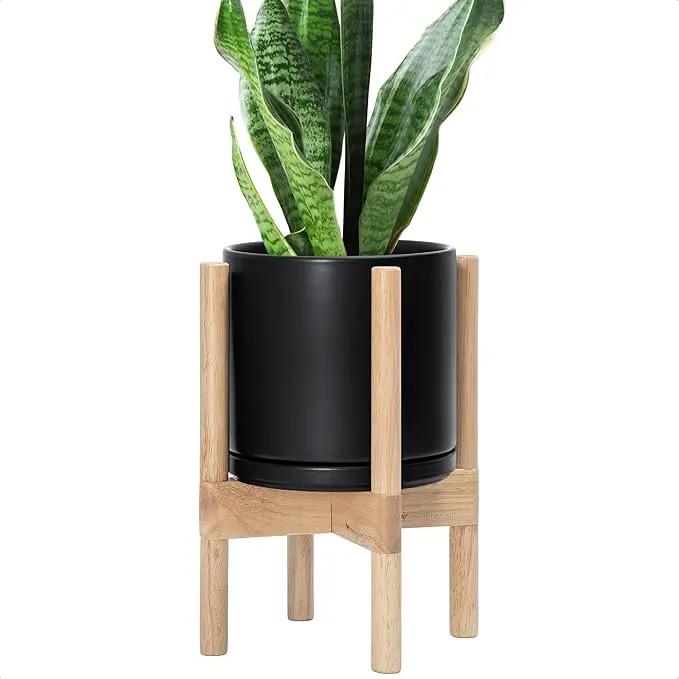 D'vine Dev Ceramic Planter with Natural Stand - 8 Inch Modern Round Flower Pot with Wood Planter Holder, Black, 55-B-N-2 by GreenHaven Gardens