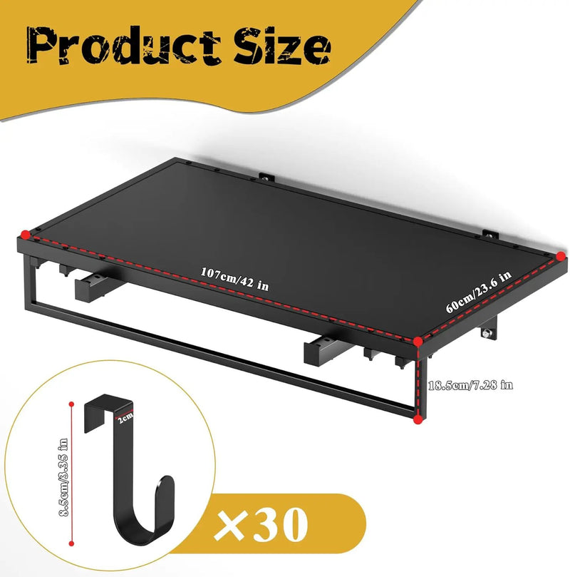 2pcs Garage Wall Shelving - 42in Extra Large Heavy Duty Floating Shelves with 30 Hooks, Load Capacity 1102 Lbs, Hanging Garage Storage Rack, Tool Hanger Organizer Utility Rack, For Home, Workshop by GreenHaven Gardens