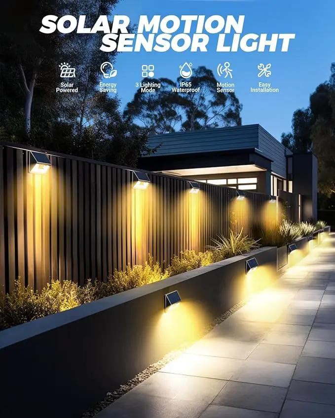 4 Pack Solar Fence Lights, Waterproof Motion Sensor Deck Outdoor, Warm White LED Outside Wireless for Wall Yard Steps Stairs Garden - Black by GreenHaven Gardens