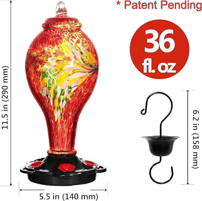 LUJII Hummingbird Feeders for Outdoors, Hand Blown Glass, Never Fade, 36 Fluid Ounces, 5 Feeding Stations, Much Bigger, Garden Backyard Decorative, Containing Ant Moat (Red) by GreenHaven Gardens
