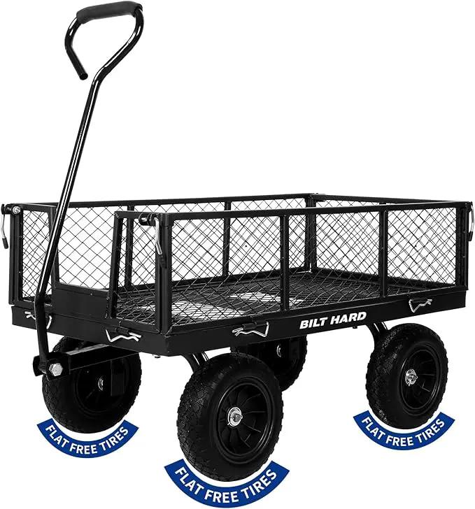BILT HARD 880 lbs 10" Flat Free Tires Steel Garden Cart with 180° Rotating Handle and Removable Sides, Heavy Duty 4 Cu.Ft Capacity Utility Garden Carts and Wagons, Black by GreenHaven Gardens