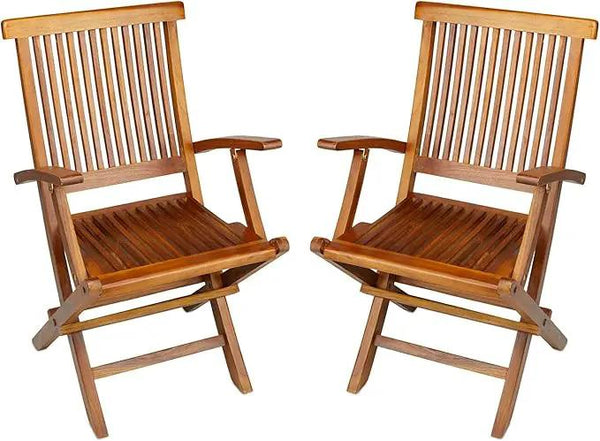 TeakCraft Teak Folding Arm Chair - 2 Piece Foldable Chairs Set - Fully Assembled - Solid Wooden Outdoor, Indoor- Wood Dining Room, Kitchen, Patio, Bistro Chairs, The Mille