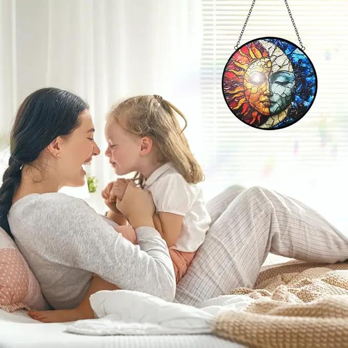 Sun and Moon Decor Suncatcher Stained Glass Window Hanging - Wall Art Stained Glass Suncatchers for Windows Hanging - Home Sun Catchers Indoor Window with Chain - Celestial Decor Gifts for Women Mom by GreenHaven Gardens