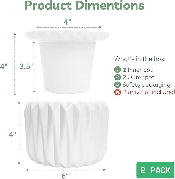 6 inch Self Watering Pot for Indoor Plants, African Violet Pot Ceramic, Flowers Planter (4 inch Opening), Holds 3 Weeks of Water (2 Pack White) by GreenHaven Gardens