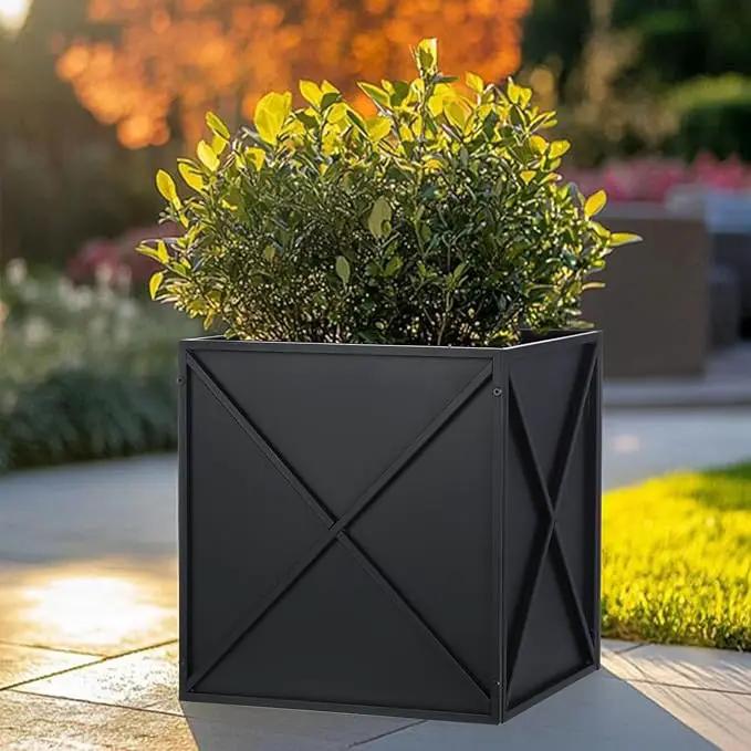 Metal Square Planter Box Tall Planters for Outdoor Plants Modern Heavy Duty with Drainage Holes for Outside Indoor Patio Deck - Black, 17”x 17”x 18” by GreenHaven Gardens