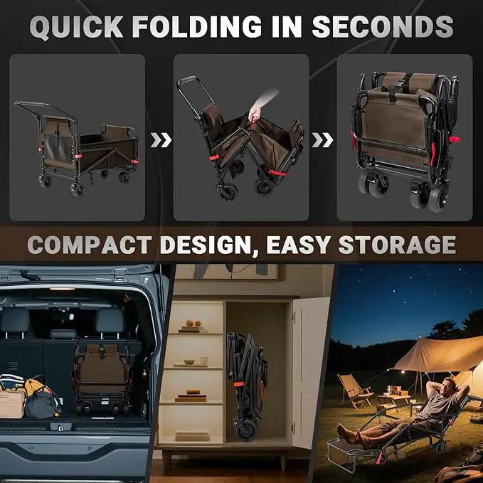 LEVELEVE Heavy Duty Folding Wagon - 2-in-1 Collapsible Cart, 400lb Capacity, All-Terrain Wheels w/Brakes & Side Pockets (Brown) by GreenHaven Gardens